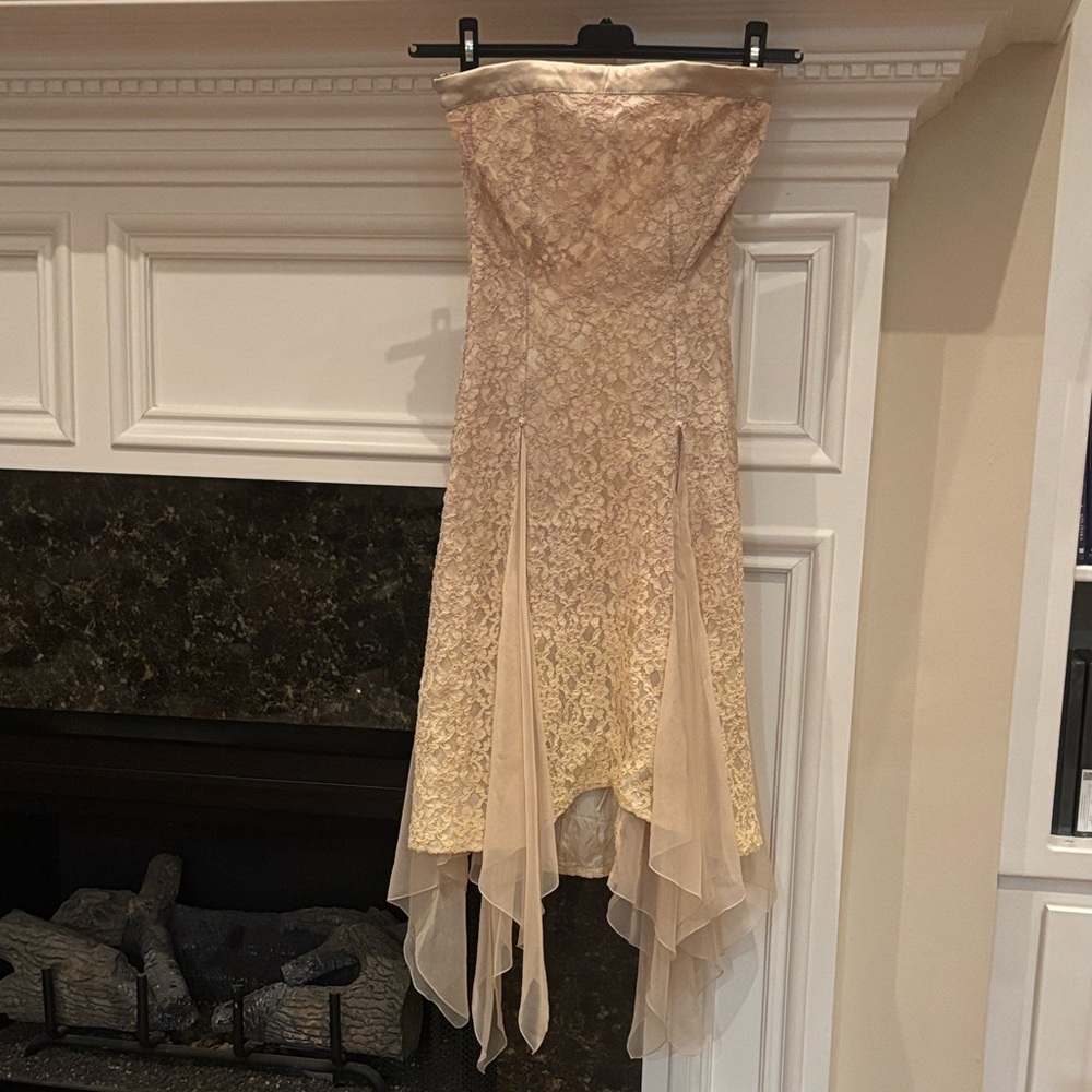 Lace and chiffon embroidered beaded strapless midi long dress sz.12